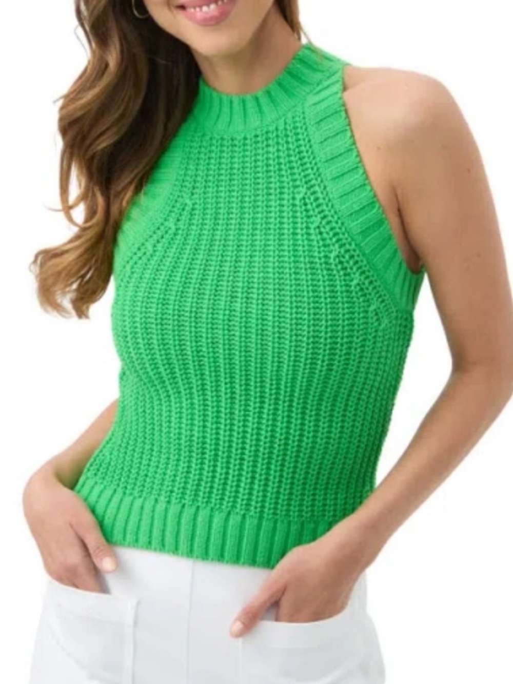 Trina Turk Paley Sweater Tank Top Grass Court Green Large Chunky Knit High Neck